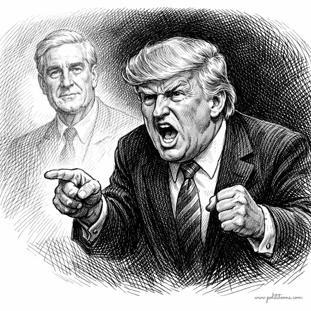 A ghostly figure resembling Robert Mueller stands calmly in the background, while a man resembling Donald Trump angrily points and shouts in the foreground.